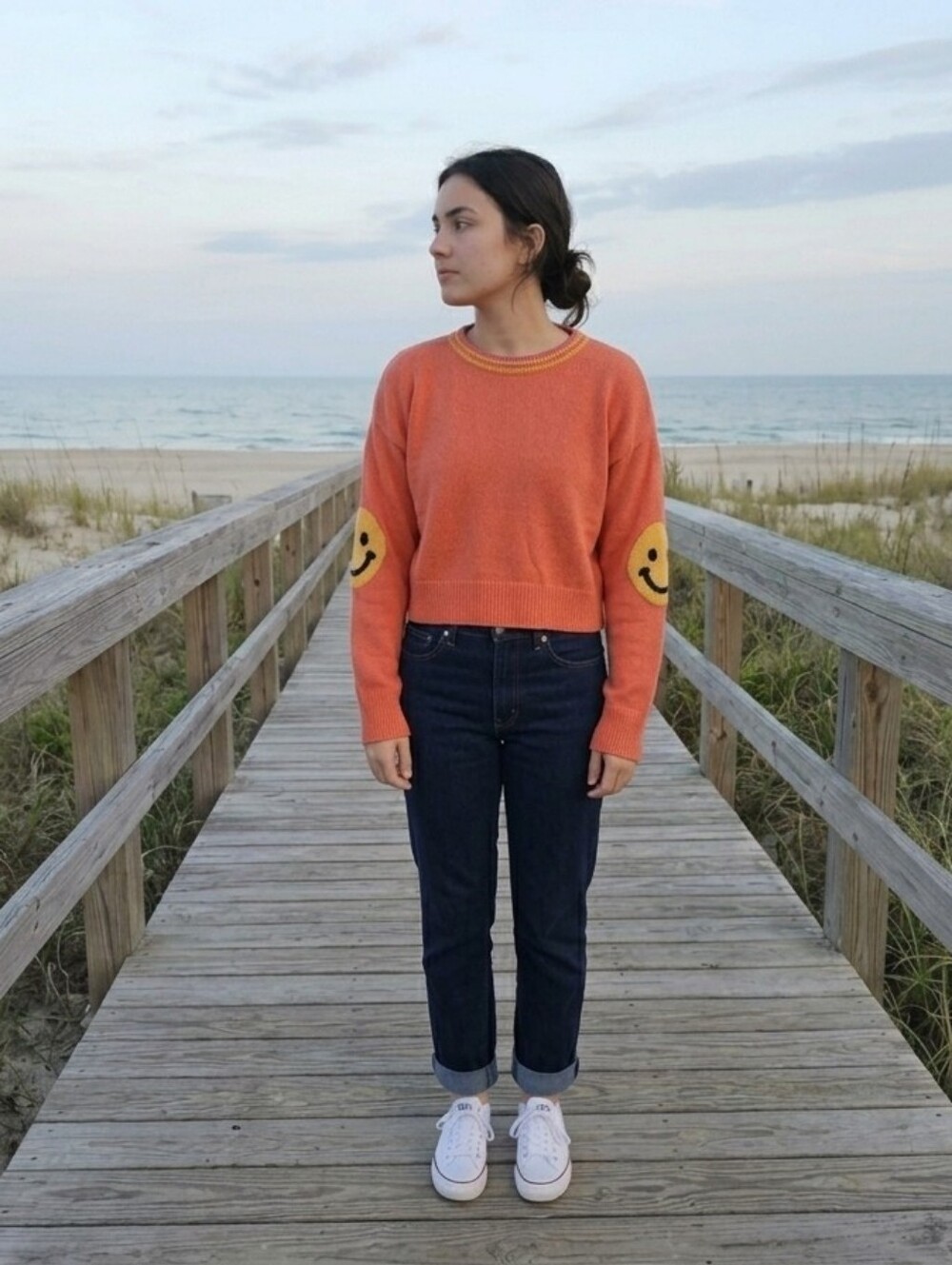 RARE Color THML Happy Face Sweater Pullover Women's S Cropped Marble Orange